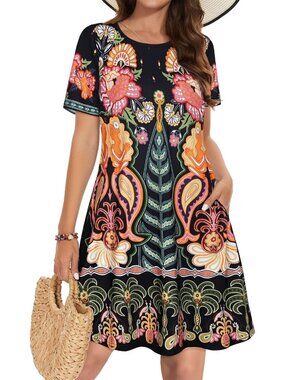 Women's Yellow Flower Tshirt Short Sleeve Floral Sundress Beach Cover Mini Dress